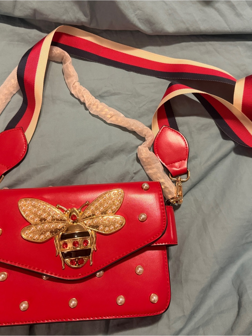 Red Women’s Pearl-Studded Crossbody Bag with Gold Bee Accent NWT